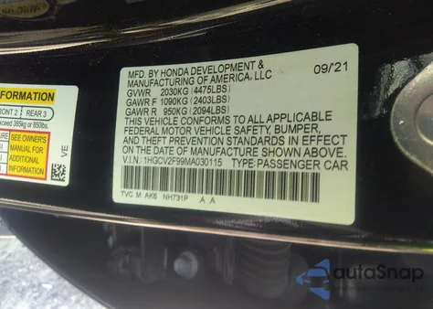 2021 Honda Accord Touring из США, поврежденный, VIN 1HGCV2F99MA030115